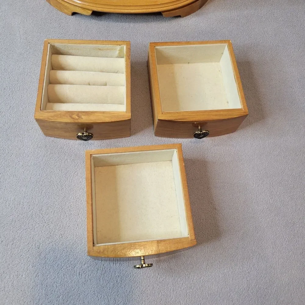 Vintage Mele Wooden Jewelry Box Armoire Heart Hardware Lining Mirror